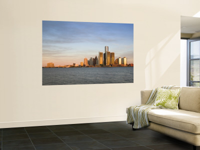 City Skyline Along Detroit River, Detroit, Michigan, USA