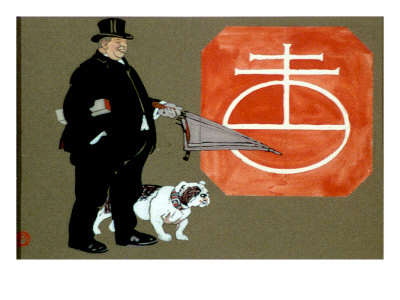Large Man with a Top Hat, an Umbrella, and a Bulldog, Watercolor by Edward Penfield, 1884-1925