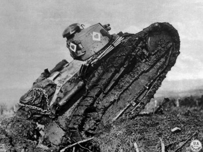World War I, American Tank Plowing Through German Barbed Wire, 1918