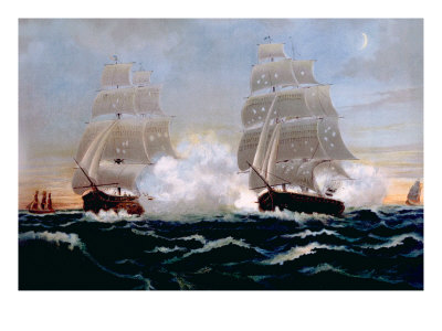 The War of 1812, U.S. and British Frigates in Battle, Lithograph Published 1899