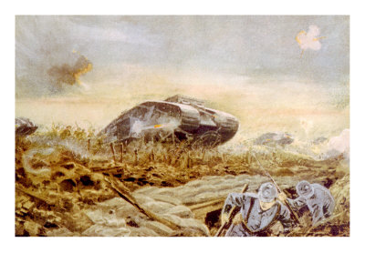 World War I, British Tanks Advancing Towards German Trenches Near Cambrai, 1918
