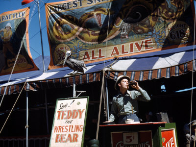 Carnival Barker, at the Vermont State Fair, by Jack Delano, Rutland, Vermont September 1941