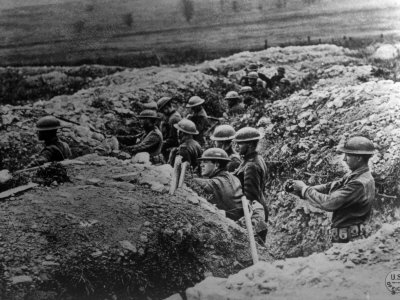 World War I, American 132nd Infantry, 33rd Division, in a Trench at Alexandre, Meuse, France, 1918