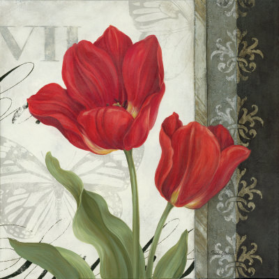 Contemporary decorative Red tulip painting with damask - art print poster wall art