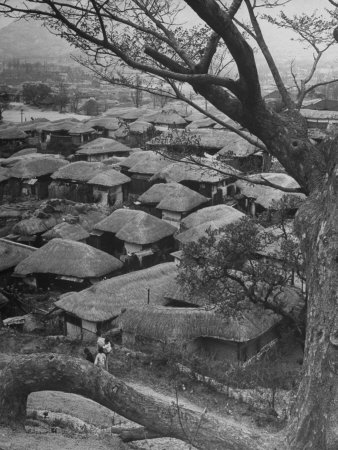 Looking Down at a Korean Village, the Houses All Have Thatched Roofs