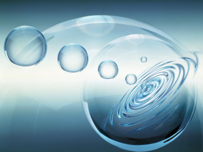 Clear Bubbles in Descending Size Rising from Water Ripples Surrounded by Clear Bubble
