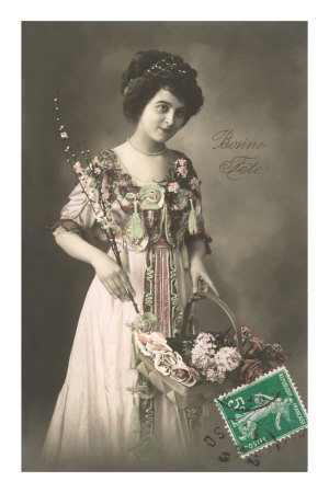 Woman in Elaborate Dress with Basket of Flowers