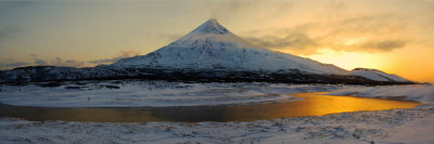 Kronotsky River and Volcano in March, Kronotsky Zapovednik, Kamchatka, Far East Russia, March