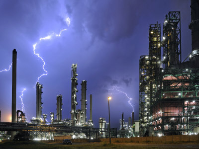 Lightning During Thunderstorm Above Petrochemical Industry in the Antwerp Harbour, Belgium