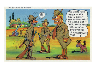 Comical Military Cartoon - Drill Sergeant Giving Soldier the Works, c.1942