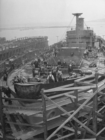 A Liberty Ship in the Kaiser Shipyard.