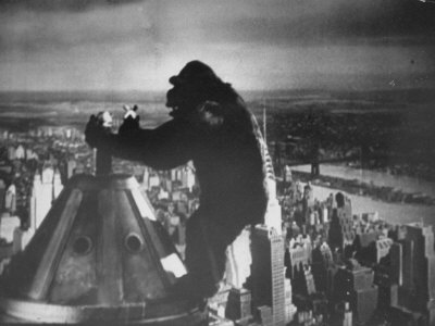 King Kong Clinging to Top of Empire State Building Tower in Horror Movie with Fay Wray in His Hands