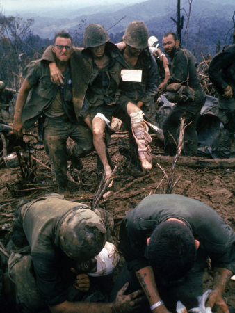 Wounded American Marines Being Treated and Prepared for Evacuation During the Vietnam War
