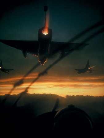 American F-102 Interceptor Fighters Flying Dawn Patrol Mission During Vietnam War