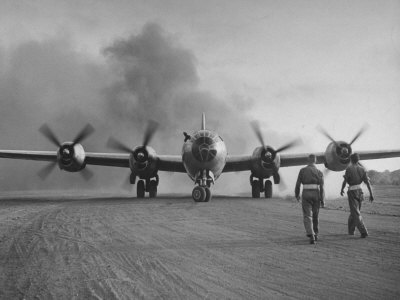 B-29 at Chinese Base, Revving Giant Propellers as it Prepares to Bomb Japan