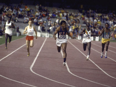 US Athlete Lee Evans Going Through Finish Line During Race at Summer Olympics