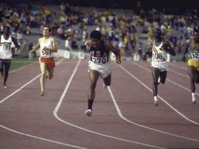 US Athlete Lee Evans Going Through Finish Line During Race at Summer Olympics