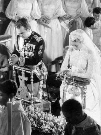 Marriage of Grace Kelly to Prince Rainier Kneeling at Prie Dieus During Mass in the Cathedral