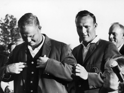 Arnold Palmer Helping Winner of the Masters Golf Tournament Jack Nicklaus