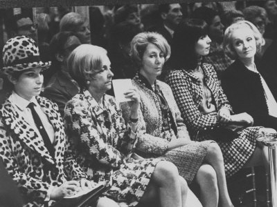 Singer Barbra Streisand Sitting with Marlene Dietrich at Fashion Show