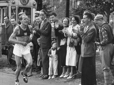 Emil Zatopek Leading in Marathon at 1952 Olympics