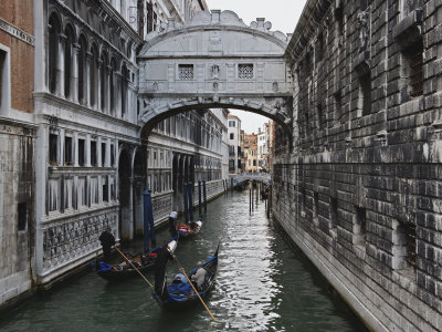 Historic Bridge of Sighs and Gondolas in Canal, Venice, Italy