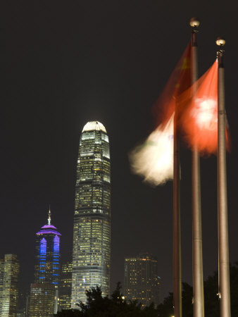 Two Ifc Building and Hong Kong Flags at Night, Hong Kong, China