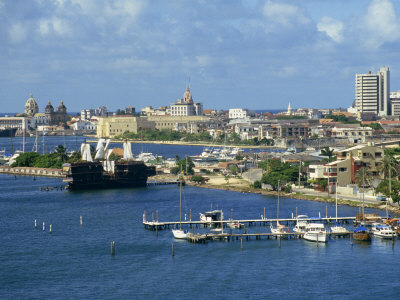 Jetties, Harbour and Skyline of the City of Cartagena in Colombia, South America
