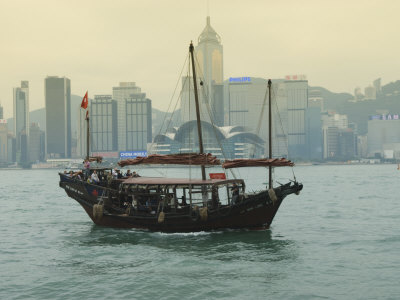 One of the Last Remaining Chinese Junk Boats Sails on Victoria Harbour, Hong Kong, China