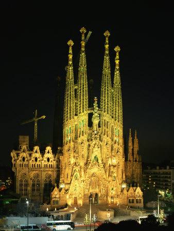Sagrada Familia, the Gaudi Cathedral, Illuminated at Night in Barcelona, Cataluna, Spain