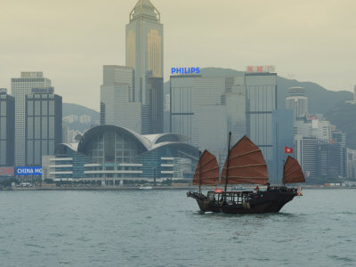 One of the Last Remaining Chinese Sailing Junks on Victoria Harbour, Hong Kong, China