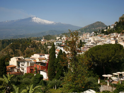 View over Taormina and Mount Etna, Sicily, Italy, Europe