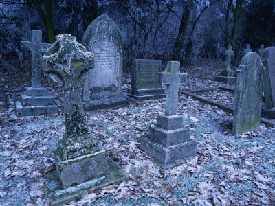 Frost on Headstones and Gravestones in a Graveyard at Ossington, Nottinghamshire, England