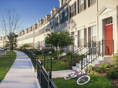 Terraced Houses and Small Front Gardens, Celebration, a Small Town Built by Disney, Florida, USA