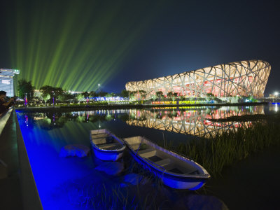 Night Time Light Show at the Birds Nest Stadium During the 2008 Olympic Games, Beijing, China