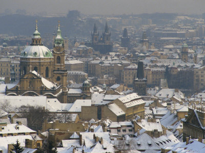Skyline of the City of Prague in the Winter, with Snow on the Roofs, Czech Republic, Europe