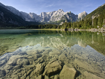 Mangart Mountain Reflected in Lake at Lago Di Fusine, Julian Alps, Friuli-Venezia Giulia, Italy