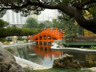 Bright orange Zi Wu Bridge, Nan Lian Garden, Hong Kong, China