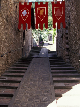 Medieval Flags Above Stone Walkway, Assisi, Umbria, Italy