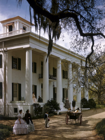 Buy People in Period Costumes Stand Outside Greek Revival Plantation Home at AllPosters.com