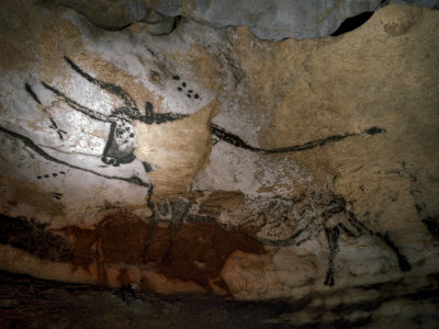 Paleolithic Art of Bulls on Calcite Walls of Lascaux Cave