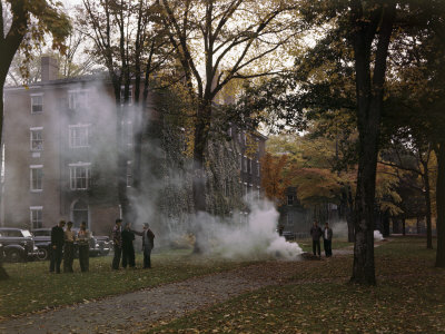 Buy Students Gather by a Leaf Fire Outside a Dormitory at Bowdoin College at AllPosters.com