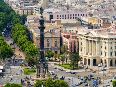 Buy Barcelona with Tree-Lined Las Ramblas Avenue and Statue of Colon at AllPosters.com