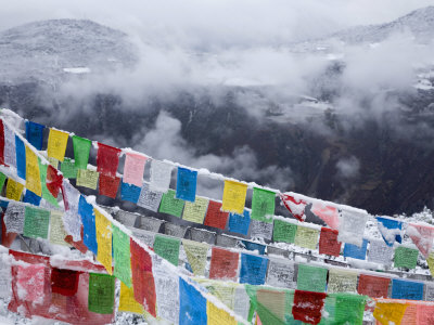 Buddhist Prayer Flags in Fresh Snow East of Deqin