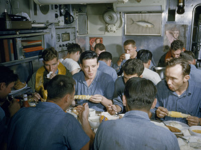 Buy Submariners Eat Corn on the Cob, Fried Chicken, and Soup in Messroom at AllPosters.com