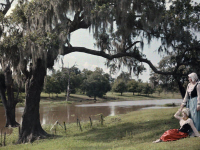 Two Women Rest Beneath a Tree, Beside the Bayou Teche Waters Photographic Print