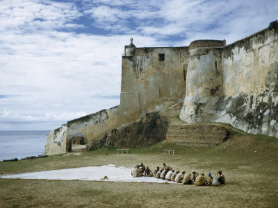Sailors Mend a Sail on a Lawn Below Stout Fortress Walls