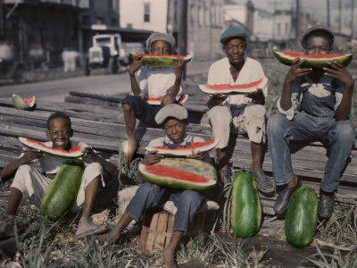 Buy Five Boys Sit Together, Eating Large Watermelon Slices at AllPosters.com