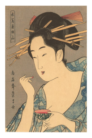 Japanese Woodblock, Lady Applying Lip Gloss