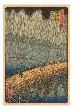 Japanese Woodblock, Crossing Bridge in Rain